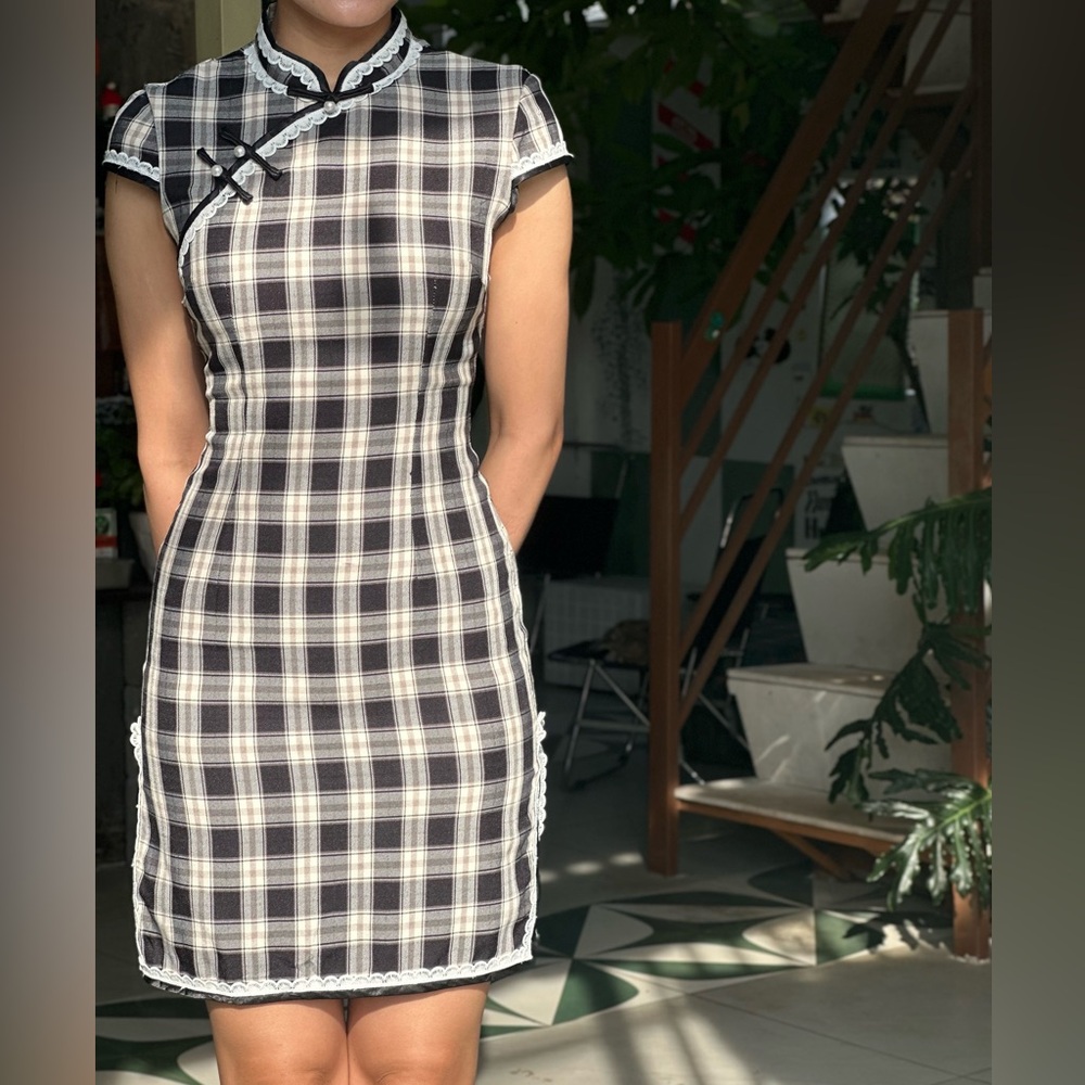 Plaid Cheongsam Dress in Black and White